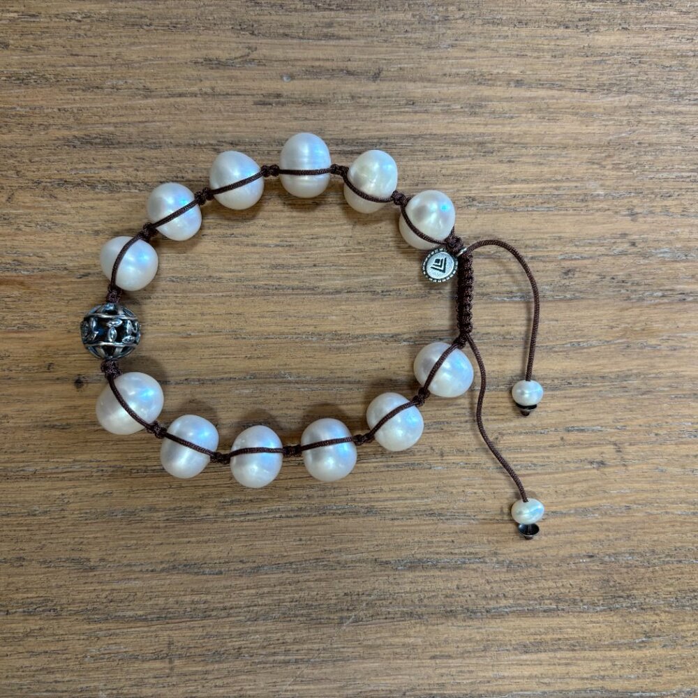 Silpada 925 Sterling Silver Rugged Pearl Brown Cord Adjustable Bracelet B2424 - Picture 2 of 3